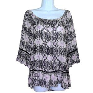 Fever On / Off Shoulder Peasant Top Flowy Boho Snakeskin 3/4 Sleeves EUC Sz L